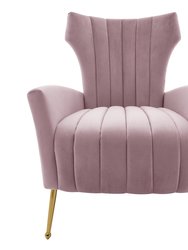 Annalee Accent Chair Velvet Upholstered Vertical Channel Quilted Tall Wingback Design Goldtone Metal Legs, Modern Contemporary - Blush