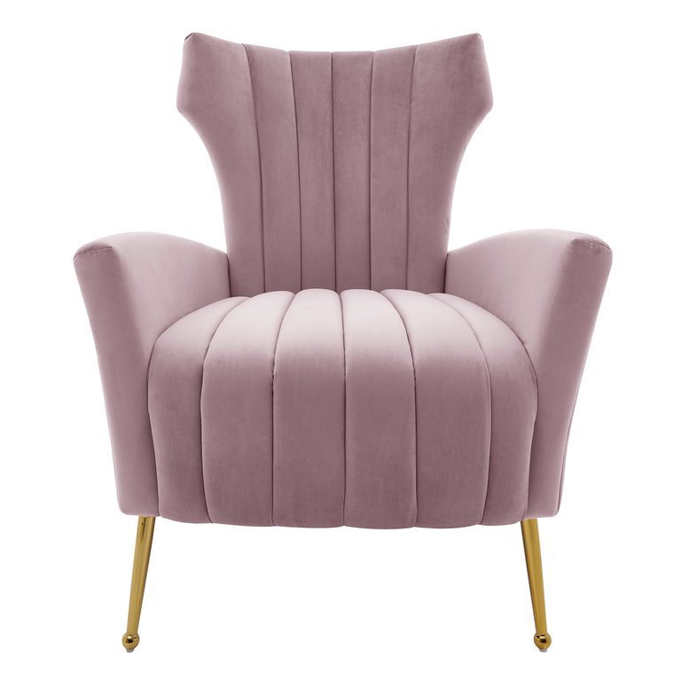 Annalee Accent Chair Velvet Upholstered Vertical Channel Quilted Tall Wingback Design Goldtone Metal Legs, Modern Contemporary - Blush