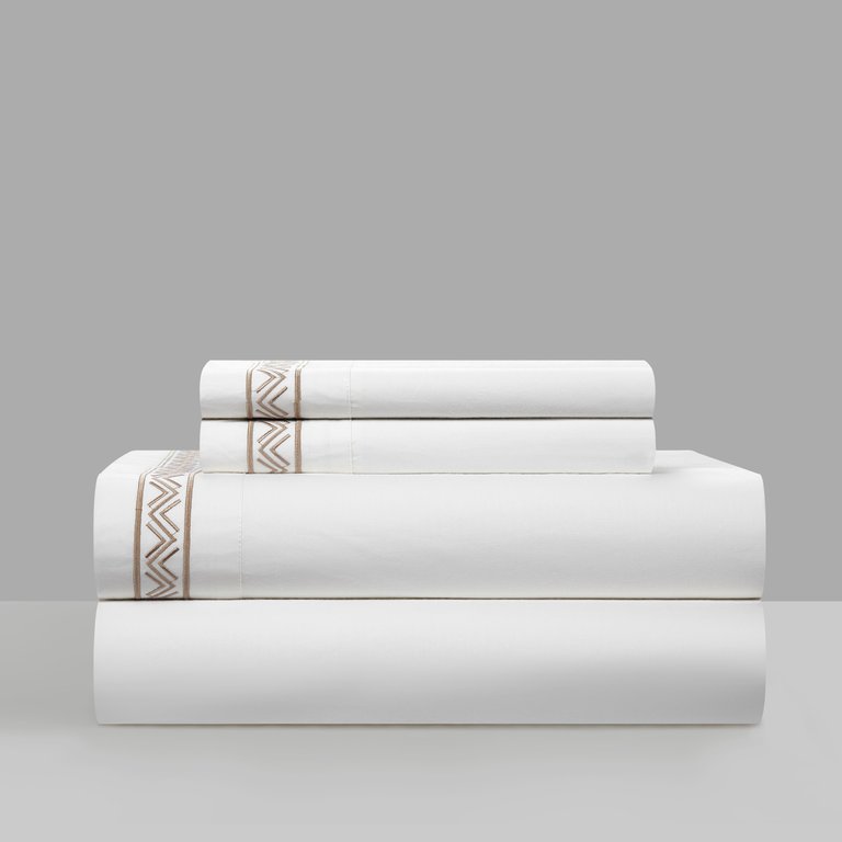 Arden 4 Piece Organic Cotton Sheet Set Solid White With Dual Stripe Embroidery Zig-Zag Details - Beige