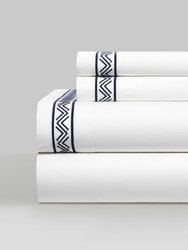 Arden 4 Piece Organic Cotton Sheet Set Solid White With Dual Stripe Embroidery Zig-Zag Details - Navy