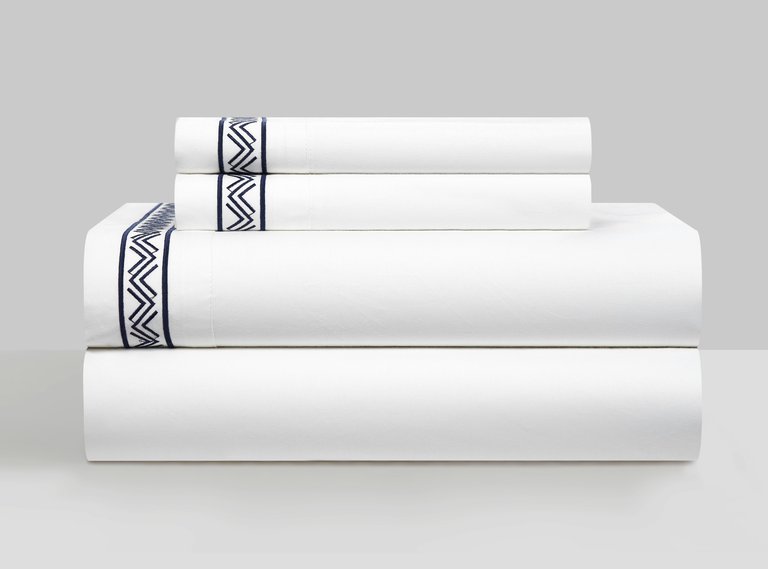 Arden 4 Piece Organic Cotton Sheet Set Solid White With Dual Stripe Embroidery Zig-Zag Details - Navy