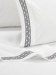 Arden 4 Piece Organic Cotton Sheet Set Solid White With Dual Stripe Embroidery Zig-Zag Details