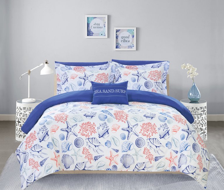 Armil 6 Piece Reversible Comforter Set "Sea, Sand, Surf" Theme Print Design Bed In a Bag - Multi Color