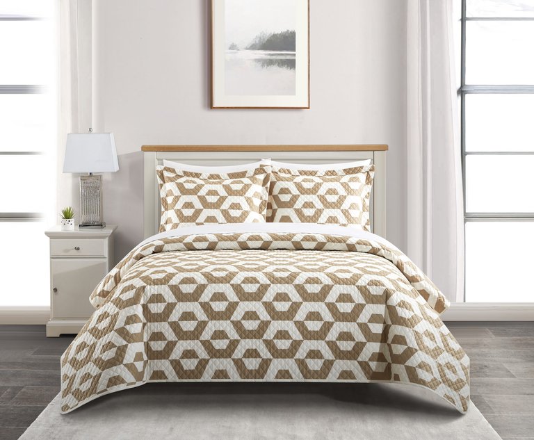 Arthur 5 Piece Quilt Set Contemporary Geometric Hexagon Pattern Print Design Bed In A Bag Bedding - Beige
