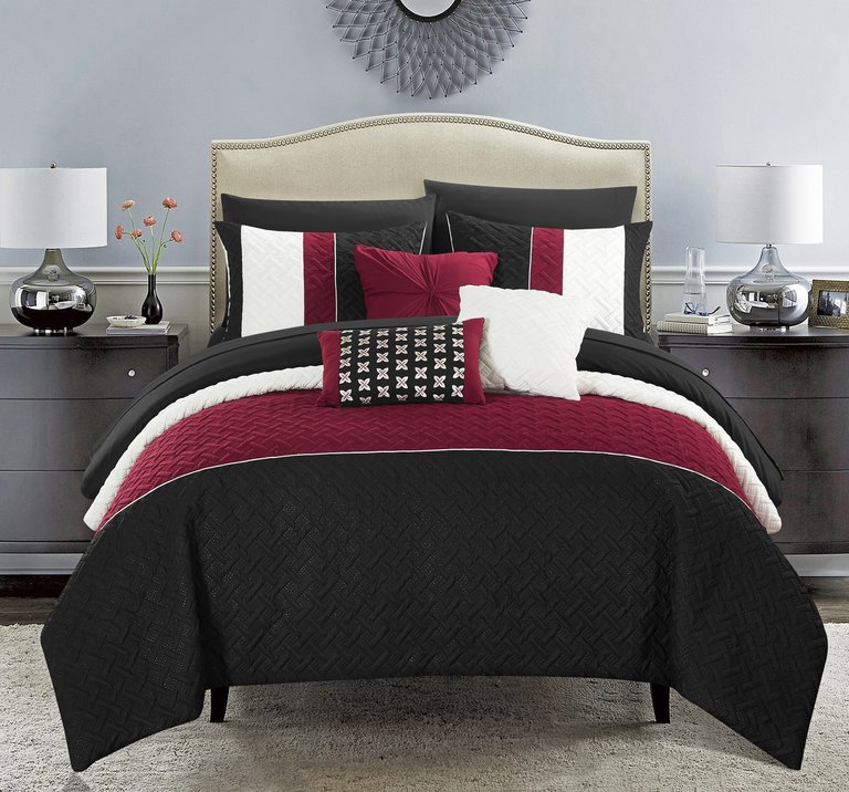 Arza 10 Piece Comforter Set Color Block Quilted Embroidered Design Bed In A Bag Bedding - Black