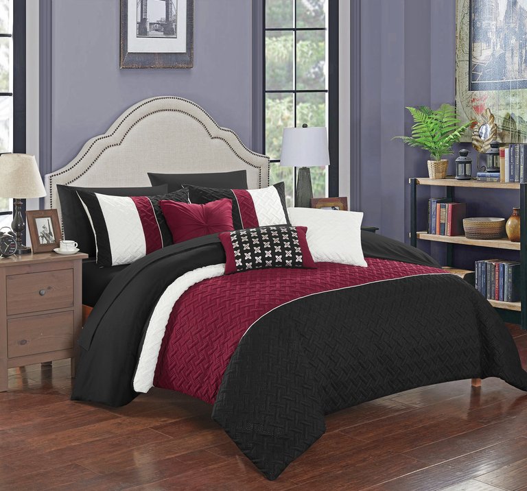 Arza 10 Piece Comforter Set Color Block Quilted Embroidered Design Bed In A Bag Bedding