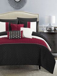 Arza 10 Piece Comforter Set Color Block Quilted Embroidered Design Bed In A Bag Bedding - Black