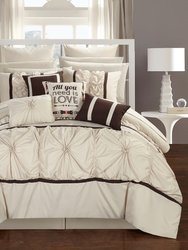 Ashville 16 Piece Comforter Complete Bed In A Bag Floral Pinch Pleated Ruffled Designer Embellished Bedding Set - Beige