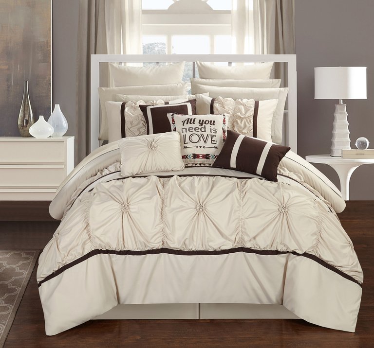 Ashville 16 Piece Comforter Complete Bed In A Bag Floral Pinch Pleated Ruffled Designer Embellished Bedding Set - Beige