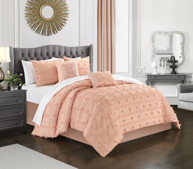 Atisa 5 Piece Comforter Set Jacquard Floral Applique Design Bedding