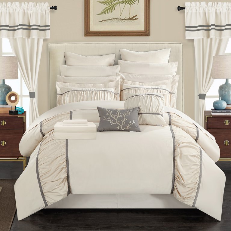 Auburn 24 Piece Comforter Complete Bed In A Bag Pleated Ruffled Designer Embellished Bedding Set - Beige