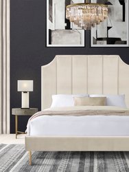 Avril Platform Bed Frame With Headboard Velvet Upholstered Vertical Channel Quilted, Modern Contemporary - Beige