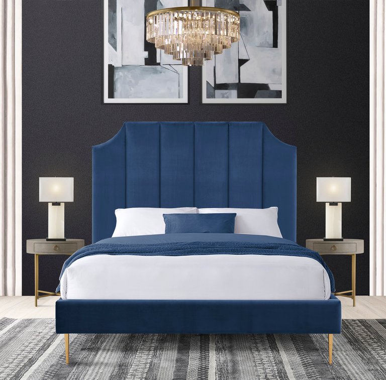 Avril Platform Bed Frame With Headboard Velvet Upholstered Vertical Channel Quilted, Modern Contemporary - Navy