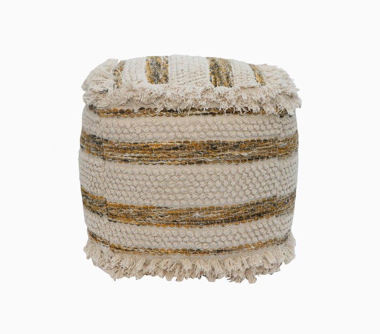 Aya Ottoman Cotton Wool Upholstered Striped Design With Fringe Tassels Round Pouf, Modern Transitional - Yellow/Brown