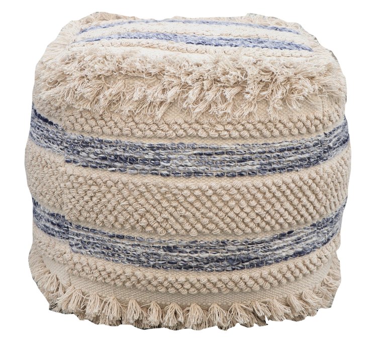 Aya Ottoman Cotton Wool Upholstered Striped Design With Fringe Tassels Round Pouf, Modern Transitional - Blue