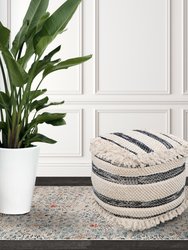 Aya Ottoman Cotton Wool Upholstered Striped Design With Fringe Tassels Round Pouf, Modern Transitional