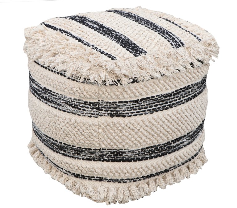 Aya Ottoman Cotton Wool Upholstered Striped Design With Fringe Tassels Round Pouf, Modern Transitional - Black