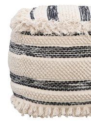 Aya Ottoman Cotton Wool Upholstered Striped Design With Fringe Tassels Round Pouf, Modern Transitional