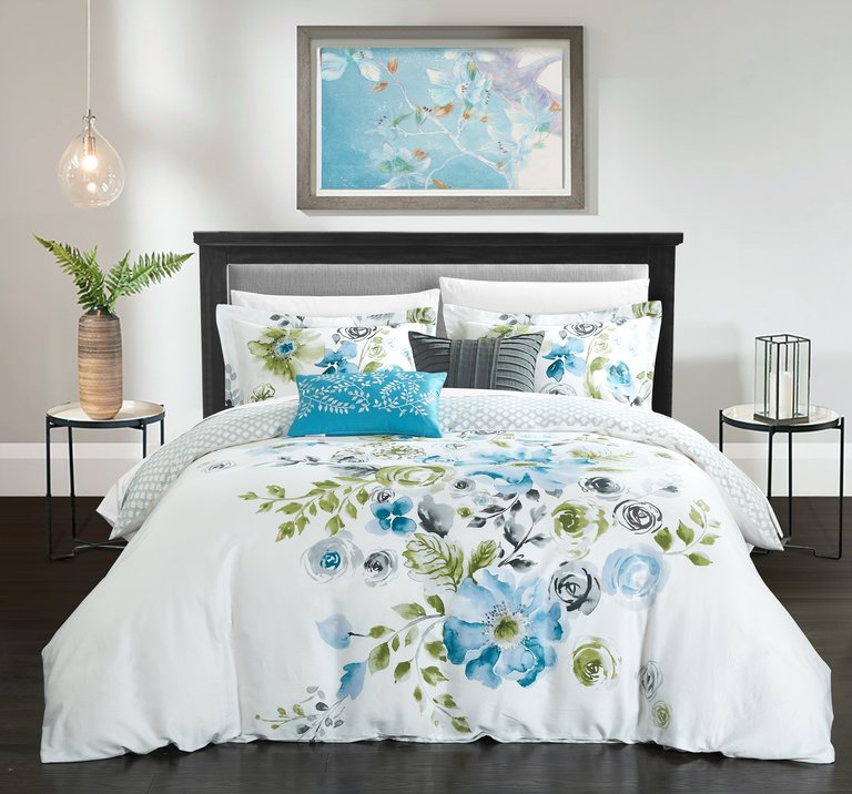 Aylett 5 Piece Reversible Comforter Set 100% Cotton Large Floral Design Geometric Scale Pattern Print Bedding  - Blue