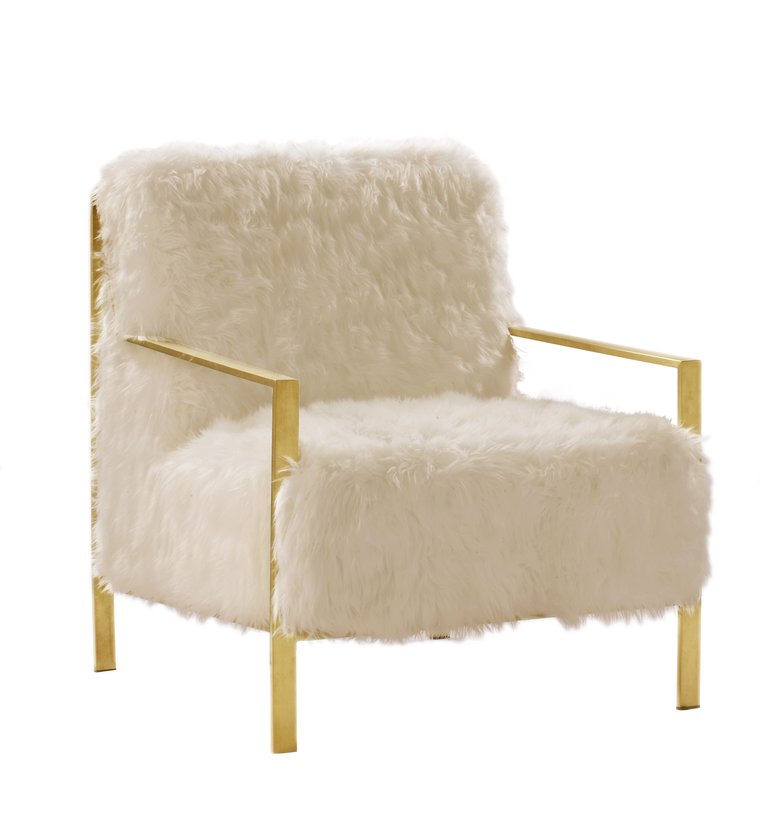 Bayla Accent Side Chair Sleek Stylish Faux Fur Brushed Brass Finished Stainless Steel Frame, Modern Contemporary - Beige