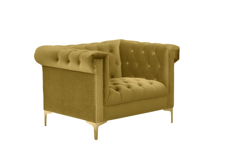 Bea Velvet Modern Contemporary Button Tufted with Gold Nailhead Trim Goldtone Metal Y-leg Club Chair