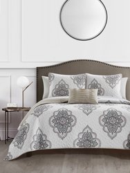 Bene 4 Piece Cotton Jacquard Quilt Set Medallion Embroidered Bedding - Beige