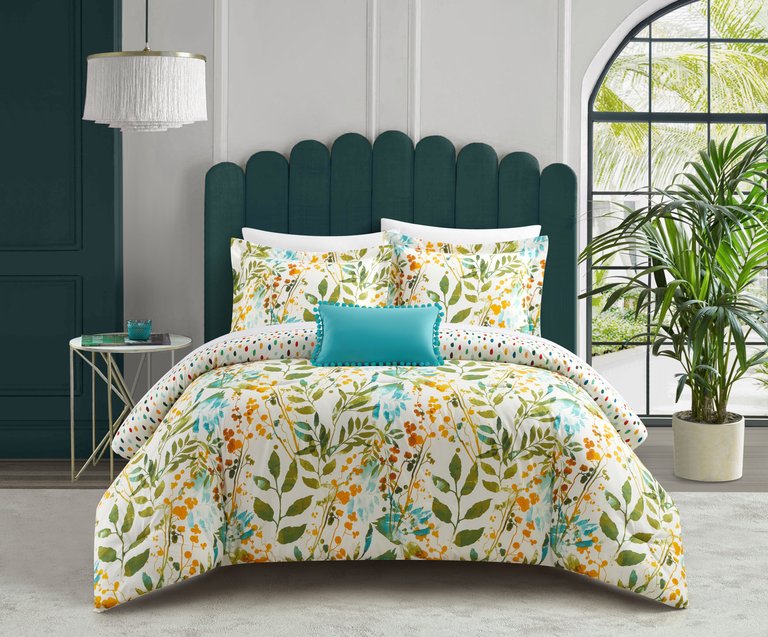 Blaire 8 Piece Comforter Set Reversible Hand Painted Floral Print Design Bed In A Bag Bedding - Multi Color