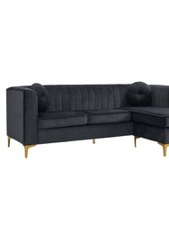 Brasilia Modular Chaise Sectional Sofa Velvet Upholstered Vertical Channel Quilted Seat Back Solid Gold Tone Metal Y-Legs with 2 Throw Pillows
