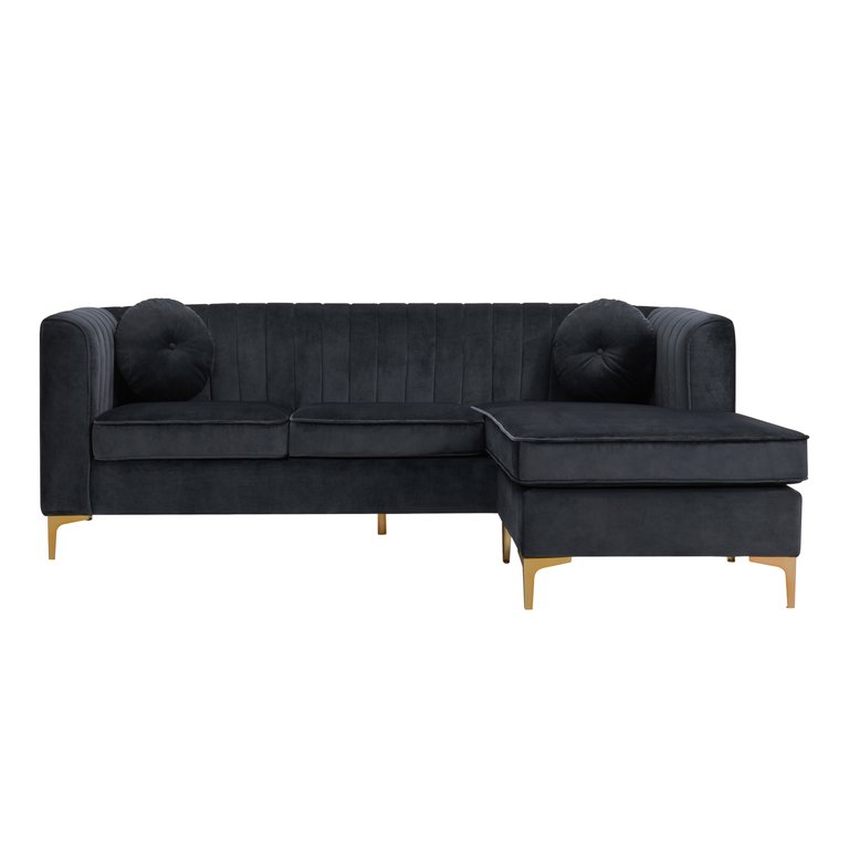 Brasilia Modular Chaise Sectional Sofa Velvet Upholstered Vertical Channel Quilted Seat Back Solid Gold Tone Metal Y-Legs with 2 Throw Pillows - Black