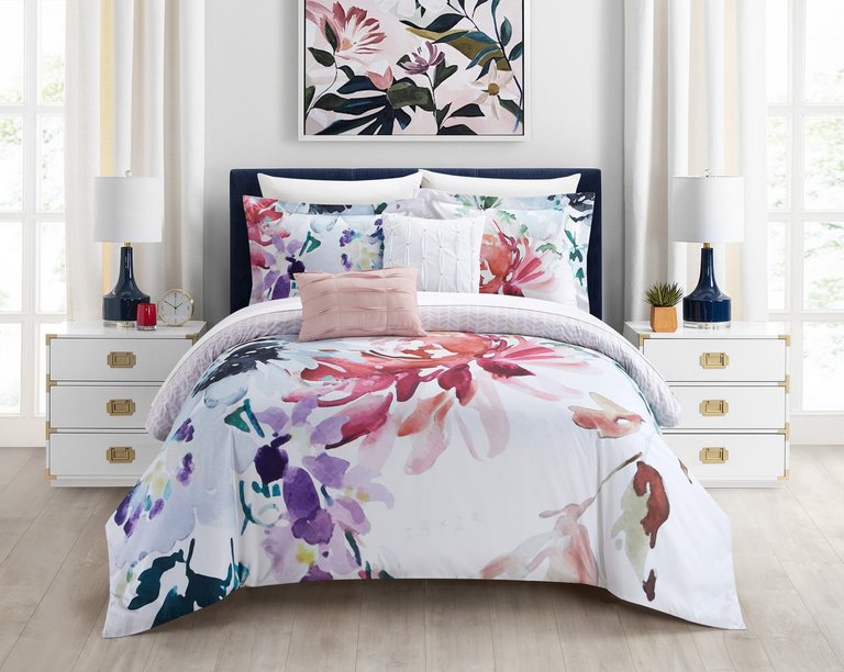 Butchart Gardens 5 Piece Reversible Comforter Set Floral Watercolor Design Bedding - Multi Color
