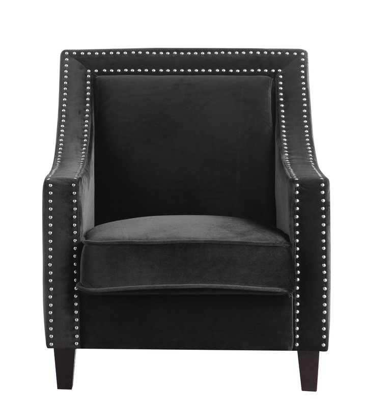 Camren Accent Club Chair Velvet Upholstered Swoop Arm Silver Nailhead Trim Espresso Finished Wood Legs - Black