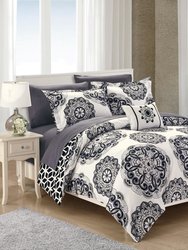 Catalonia 6 Piece Reversible Comforter Set Super Soft Microfiber Large Printed Medallion Design with Geometric Patterned Backing Bed In A Bag - Twin - Black