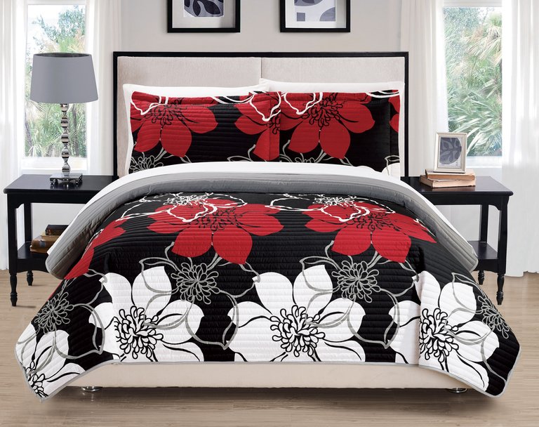 Chase 7 Piece Bed In A Bag Abstract Large Scale Floral Printed Quilt Set - Sheets Decorative Pillow Sham - Black