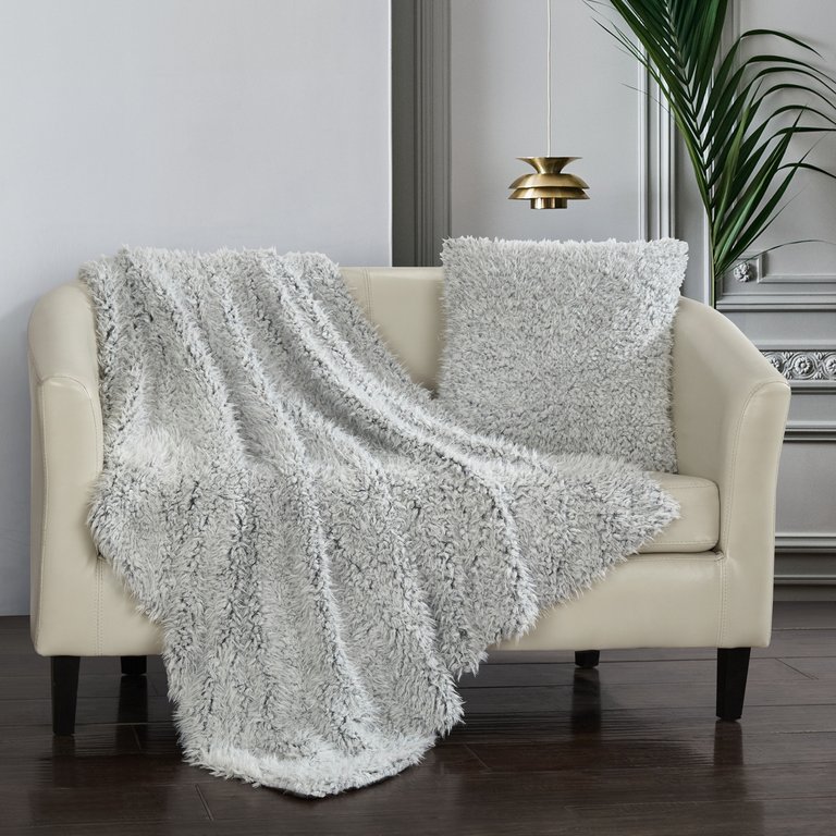 Chesney Throw Blanket 2 Piece Set Cozy Super Soft Ultra Plush Shaggy Lion Faux Fur Micromink with Design Coordinated Decorative Throw Pillow - Grey