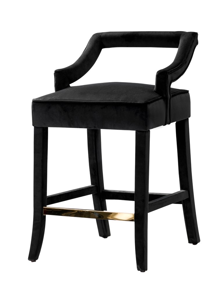 Chiara Counter Stool Chair Velvet Upholstered Half Back Design Gold Tone Footrest Bar Wood Frame - Black