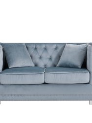 Christophe Love Seat Sofa Velvet Upholstered Button Tufted Nailhead Trim Shelter Arm Design Silver Tone Metal Block Legs - Blue
