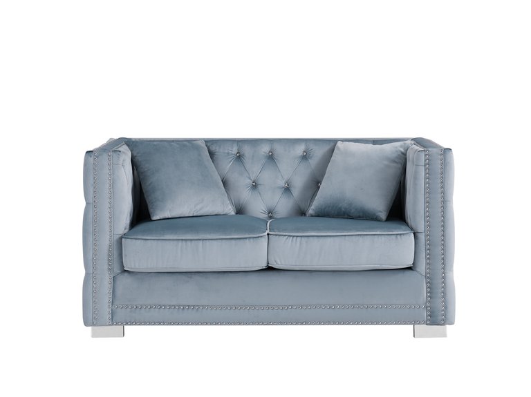 Christophe Love Seat Sofa Velvet Upholstered Button Tufted Nailhead Trim Shelter Arm Design Silver Tone Metal Block Legs - Blue