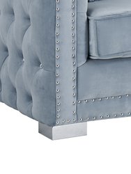 Christophe Love Seat Sofa Velvet Upholstered Button Tufted Nailhead Trim Shelter Arm Design Silver Tone Metal Block Legs