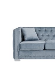 Christophe Sofa Velvet Upholstered Button Tufted Nailhead Trim Shelter Arm Design Silver Tone Metal Block Legs - Blue