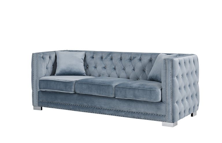 Christophe Sofa Velvet Upholstered Button Tufted Nailhead Trim Shelter Arm Design Silver Tone Metal Block Legs