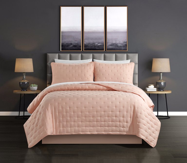 Chyle 3 Piece Quilt Set Tufted Cross Stitched Design Bedding - Blush