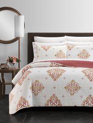 Citroen 6 Piece Quilt Set Floral Scroll Medallion Pattern Print Bed In A Bag - Twin - Coral/Gold/White
