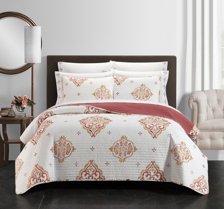 Citroen 6 Piece Quilt Set Floral Scroll Medallion Pattern Print Bed In A Bag - Twin - Coral/Gold/White