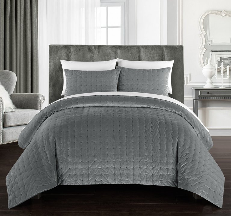 Cynna 7 Piece Comforter Set Luxurious Hand Stitched Velvet Bed In A Bag Bedding - Sheet Set Pillowcases - Grey
