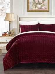 Cynna 7 Piece Comforter Set Luxurious Hand Stitched Velvet Bed In A Bag Bedding - Sheet Set Pillowcases - Burgundy