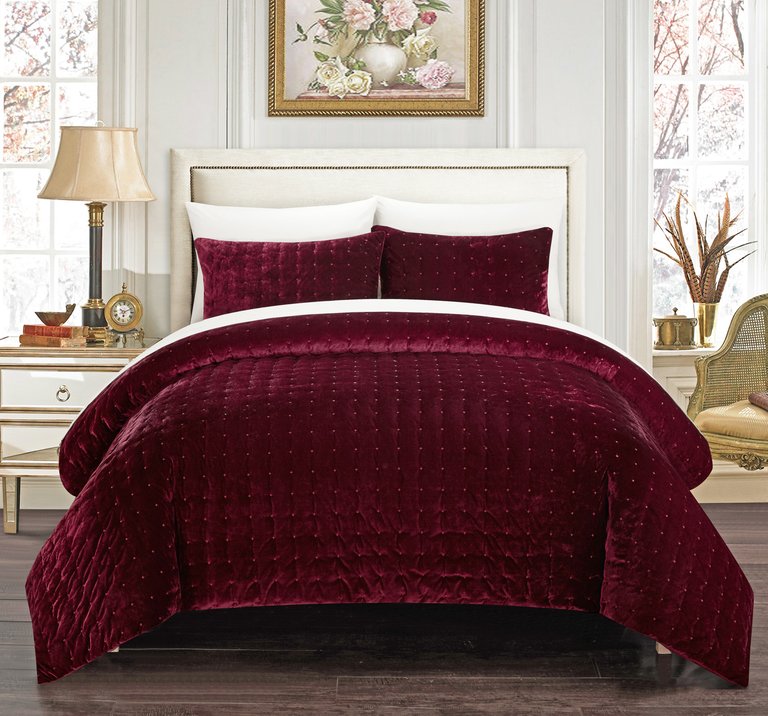 Cynna 7 Piece Comforter Set Luxurious Hand Stitched Velvet Bed In A Bag Bedding - Sheet Set Pillowcases - Burgundy