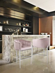 Cyrene Bar Stool Chair Velvet Upholstered Shelter Arm Shell Design 3 Legged Gold Tone Solid Metal Base, Modern Contemporary
