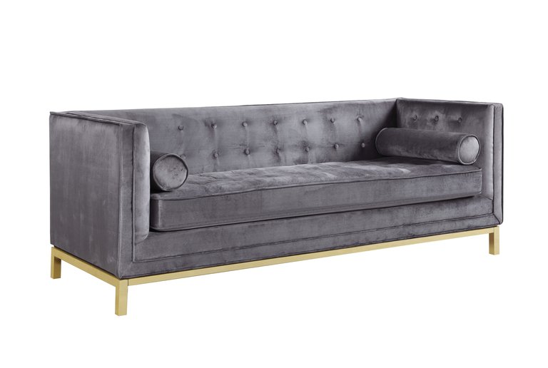 Dafna Club Sofa Sleek Elegant Tufted Velvet Plush Cushion Brass Finished Stainless Steel Brushed Metal Frame Couch, Modern Contemporary - Grey