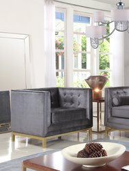 Dafna Club Sofa Sleek Elegant Tufted Velvet Plush Cushion Brass Finished Stainless Steel Brushed Metal Frame Couch, Modern Contemporary