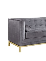 Dafna Club Sofa Sleek Elegant Tufted Velvet Plush Cushion Brass Finished Stainless Steel Brushed Metal Frame Couch, Modern Contemporary - Grey